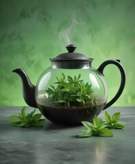 A steaming hot black teapot filled with green tea and a sprig of fresh mint on a soft green surface with a subtle shine, green tea, mint, vapor