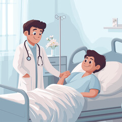 Hospital scene with doctor and young patient in bed