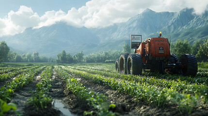 Fototapeta premium A tractor working in a lush field with mountains in the background.