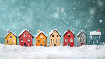 Fototapeta premium Cozy Retro Style Winter Village with Colorful Snow Covered Houses