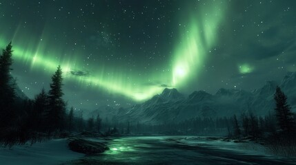 A beautiful aurora borealis dancing over a snowy landscape under a star-filled sky