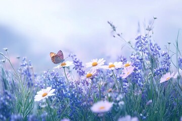 Fototapeta premium Beautiful wild flowers chamomile, purple wild peas, butterfly in morning haze in nature close-up macro. Landscape wide format, copy space, cool blue tones. Delightful pastoral airy artistic image.