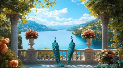 Fototapeta premium Wallpaper of french garden with peacocks, rococo style background, lake and blue sky, large balcony on which flowers sit in vases, the plants around it form an archway to give a romantic feel