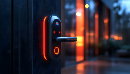 A modern smart lock illuminated at dusk, showcasing advanced security technology.