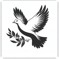 Fototapeta premium Black and white illustration of a dove carrying an olive branch, symbolizing peace. (1)