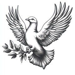 Obraz premium Monochrome drawing of a dove carrying an olive branch, symbolizing peace and hope.