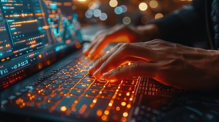 Close-up of hands typing on a glowing keyboard, with a blurred background of data screens.