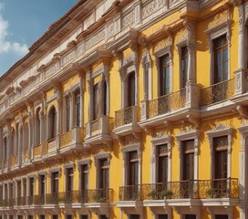 Fototapeta premium A row of ancient white and yellow buildings with many windows, ornate balconies, and terracotta tiles, charm, white, tiles
