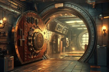 Obraz premium Massive vault door, interior room. Mysterious.