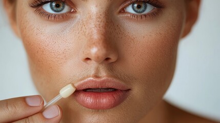 Close-up of a person applying a beauty product to their lips.