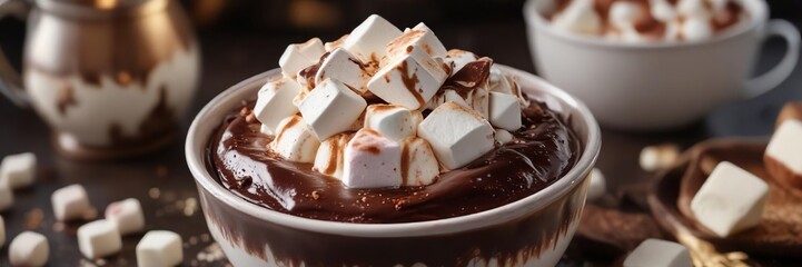 A beautiful, elegant dessert bowl filled with melted chocolate and marshmallows, sweet treat, chocolate fondue