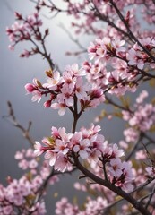Tiny almond flowers blooming in clusters on a small twigs, clustered blooms, garden, tiny blossoms