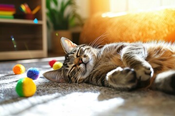 Cute Tabby Cat Napping on Soft Carpet Surrounded by Colorful Pom-Poms in Sunlit Room