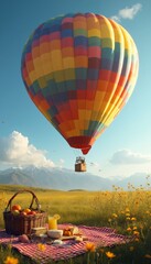 Obraz premium Colossal Hot Air Balloon Ascending Over Colorful Meadow with Clouds