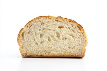 Freshly baked bread slice on a white background highlighting its texture and color