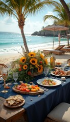 Elegant Coastal Dining Table Set with Sunflowers and Seafood Delights