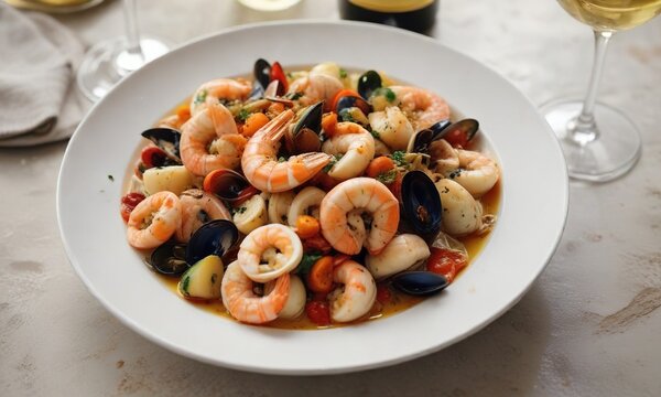 A plate of busara di scampi e frutti di mare with a glass of white wine, istria, crustaceans, secondi