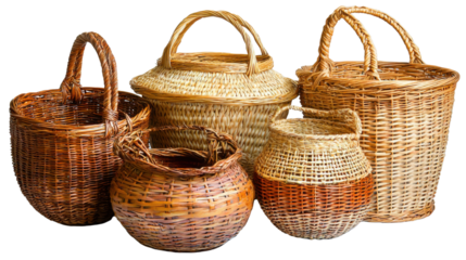 Woven baskets collection artisan market product display natural environment close-up handmade craftsmanship for home decor