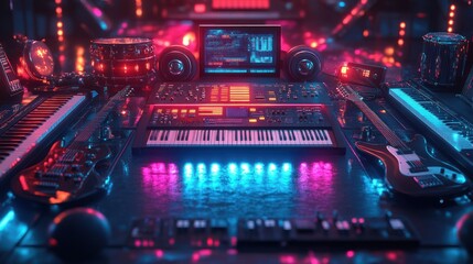 Neon-lit music studio with keyboards, guitars, drums, and mixing console.