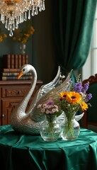 Elegant Silver Swan Sculpture Displayed Among Colorful Wildflowers