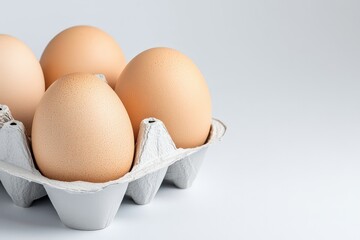 Perfectly shaped brown eggs in an eco-friendly carton on a light background
