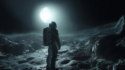 Obraz premium Solitary Astronaut Surveying the Lunar Landscape under the Glow of Earth