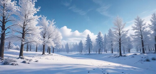 Obraz premium Winter landscape with a blue sky, snow-covered trees, and falling snowflakes , snowflakes falling, cold weather