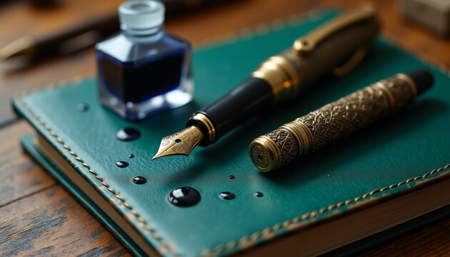 Elegant Vintage Fountain Pen on Textured Emerald Green Notebook