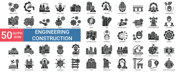 Engineering Construction icon collection set. Containing system, optical, surveying,  infrastructure, labor, environmental, computer system, control system, structural, mechanical icon. Simple vector