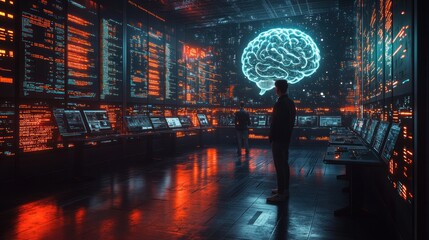 Obraz premium Futuristic control room with brain visualization