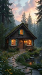 Obraz premium Enchanting Cottage at Dusk with Serene Woodland and Wildflowers