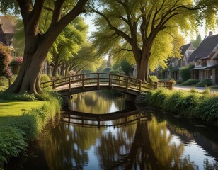 Fototapeta premium Bridge over canal in Giethoorn with old trees surrounding it , canal scenery, Dutch countryside