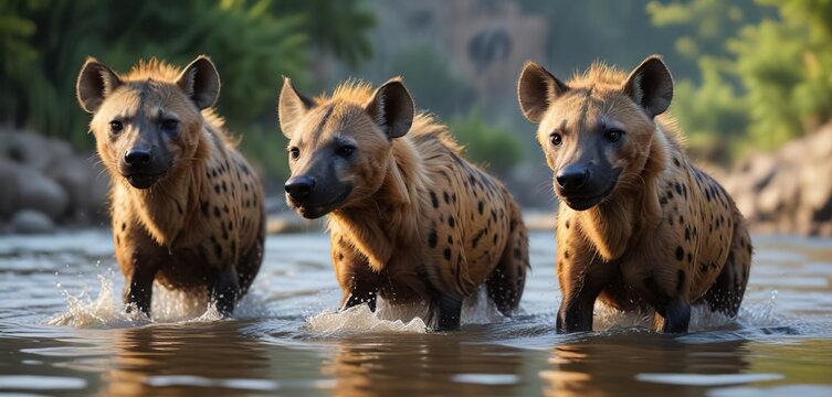 Spotted hyenas playfully splash and frolic in the river's gentle currents, current, frolicking