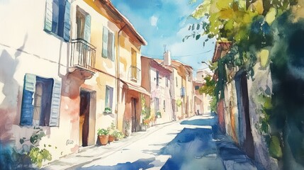Fototapeta premium Watercolor drawing on the road in the old town