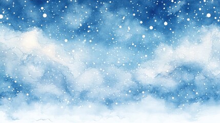 Obraz premium Watercolor drawing of winter sky landscape with falling snow, flecks and dots. Hand-drawn water color graphic painting on paper.
