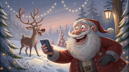 Santa Claus Takes a Selfie with His Reindeer Generative AI