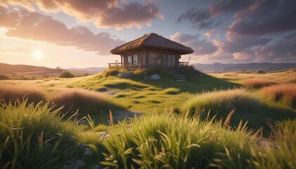 A blurred landscape of blady grass and a distant natural roof creates a dreamy atmosphere, , abstract background, soothing ambiance