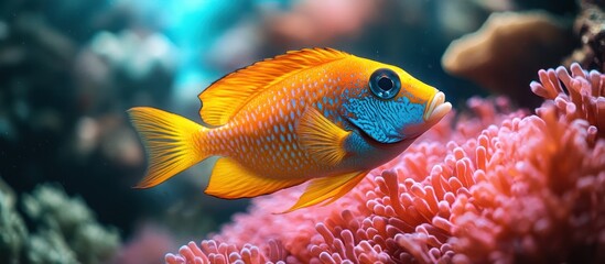 Obraz premium Vibrant orange and blue fish swimming near pink coral reef in underwater scene.