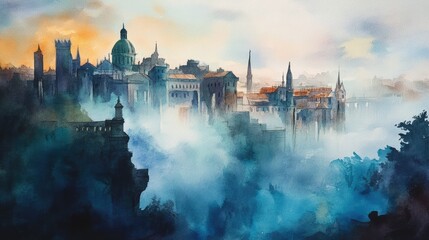 Obraz premium Watercolor European ancient city