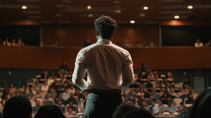 Fototapeta premium Speaker's back, large audience, auditorium setting.