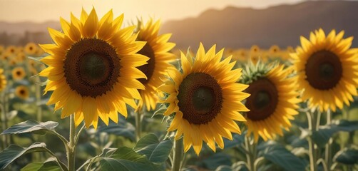 Obraz premium Beautiful sunflower blooms in the field with warm sunlight , field, outdoor