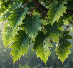 early morning dew on lush grapevine leaves with dew drops sparkling in the sunlight, natural, earthy, foliage