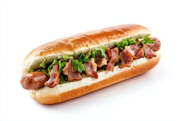 Delicious clean hotdog with bacon and fresh lettuce on a white background