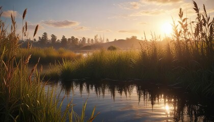 Obraz premium The sun shining through the reeds above the pond, reed stalks, natural beauty