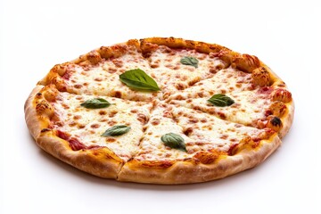 Delicious cheese pizza with basil on a clean white background