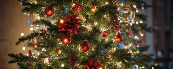 Twinkling lights and garlands adorn a Christmas tree branch, evergreen, holiday, ornaments