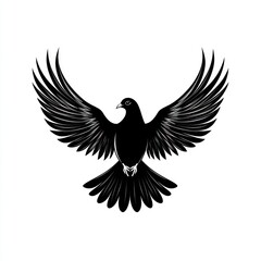 Naklejka premium Black silhouette of a dove with wings spread wide, isolated on white background.