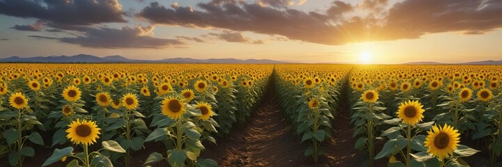 Sunflower field with bright yellow flowers stretching into the horizon, sunny field, warm sunlight , vast landscape