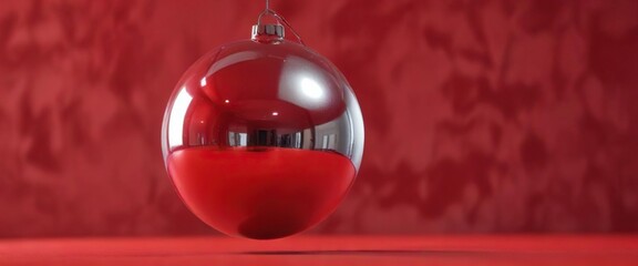 Red background with a shiny silver ball hanging from a string , reflective, vibrant