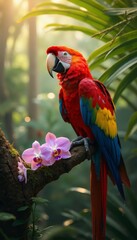 Obraz premium Striking Crimson and Gold Macaw Perched on Twisted Tree Branch